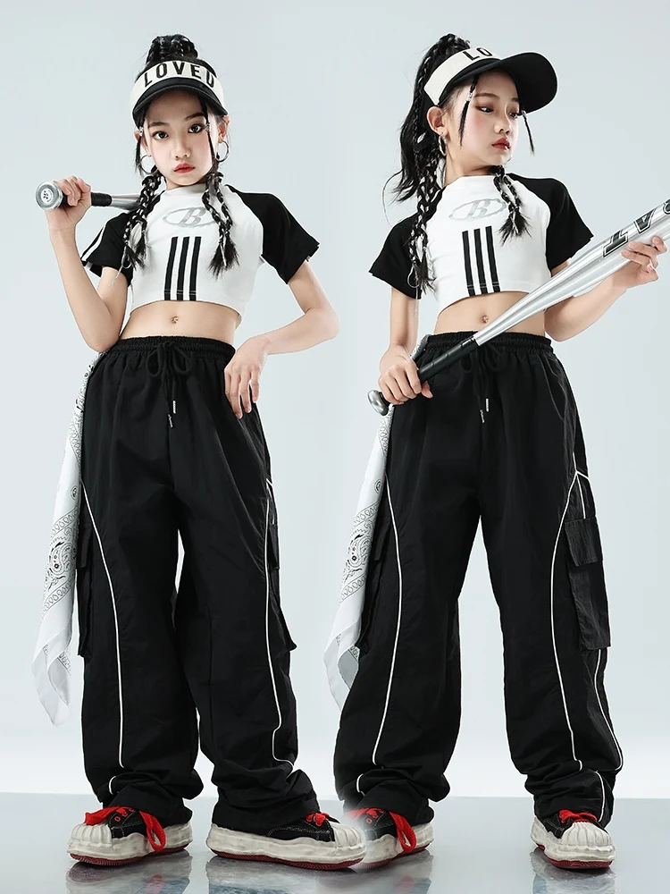 

Girls Hip Hop Clothes Jazz Dance Navel Tops Black Pants Short Sleeves Ballroom Practice Wear Kids Fashion Kpop Outfit BL12564