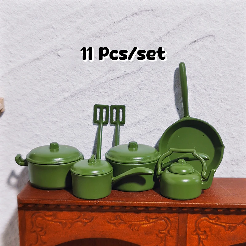 Miniature Dollhouse Cookware Pot Set with Kitchen Utensils - 11-Piece Decorative Micro Scene Props Gift Set