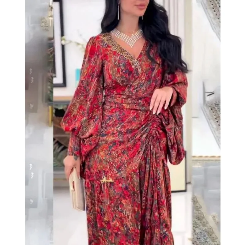 

2023 Spring and Autumn New Dress Women's Fashion Loose Print Pleated Dress Women's Casual Long Sleeve V-neck Dress