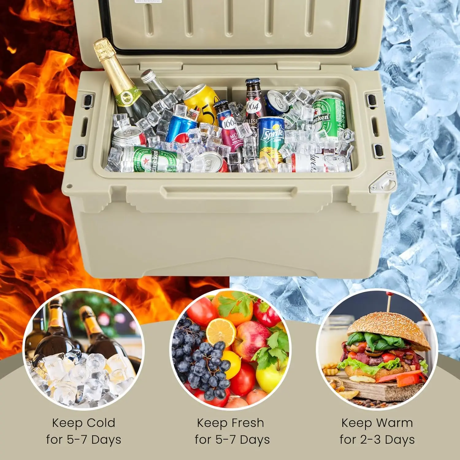 Insulated Large Ice Chest with Portable Handles, Integrated Cup Holders, Leak-Proof Tight Latches, 5-7-day Ice Retention, Heavy