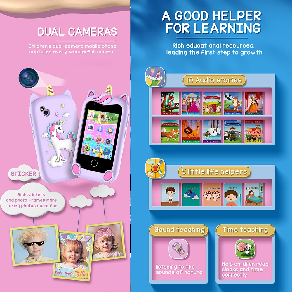 New Smart Phone Kids Toys 17 Games Stories Music Player 2.8" Touchscreen Toddler Learning Toys Boys Girls Birthday Gifts