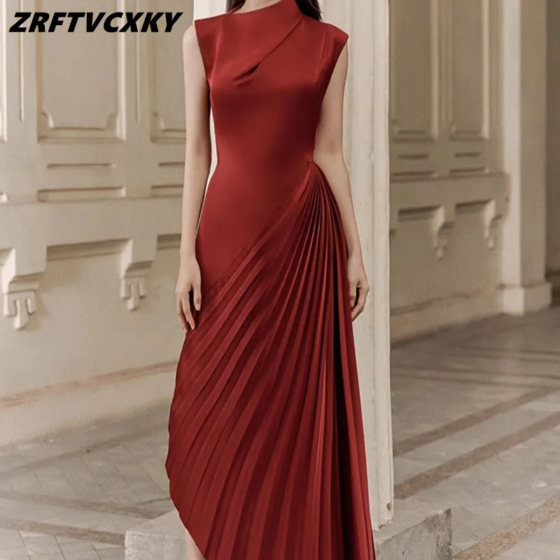 

High End Women Half High Neck Irregular Pleated Midi Dresses Summer Elegant Sleeveless Slim Solid Banquet Party Long Dress Robes
