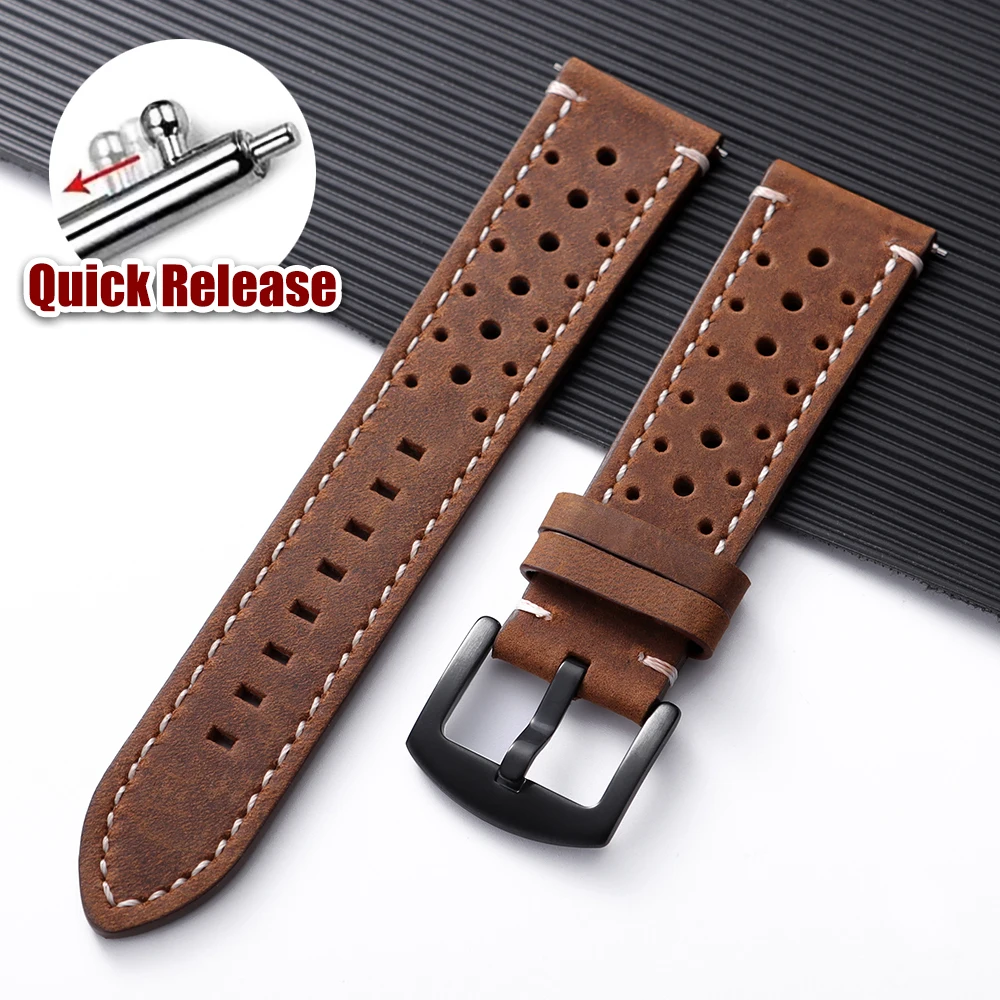 Vintage Brown Handmade Cowhide Leather Strap - Quick Release Breathable Porous Watch Band