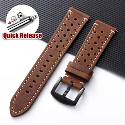 Vintage Brown Handmade Cowhide Leather Strap - Quick Release Breathable Porous Watch Band - 22mm (Dark Brown - White)