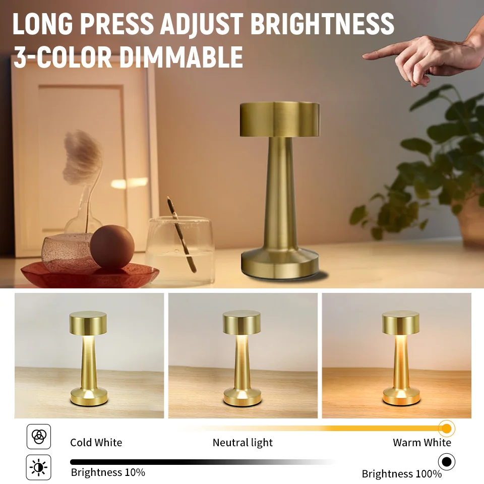 Portable Metal LED Table Lamp Table Lamp with Touch Sensor, Three Color Temperature Control Dimming, Rechargeable  Night Light