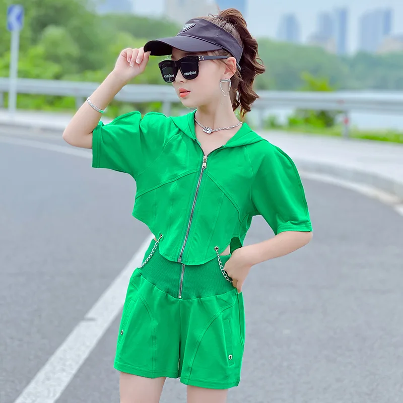 

New Fashion Teenager Girls Clothing Set Summer Hip-hop Hooded TopShorts Cotton 2Pcs Children Stage Dance Performance Costumes