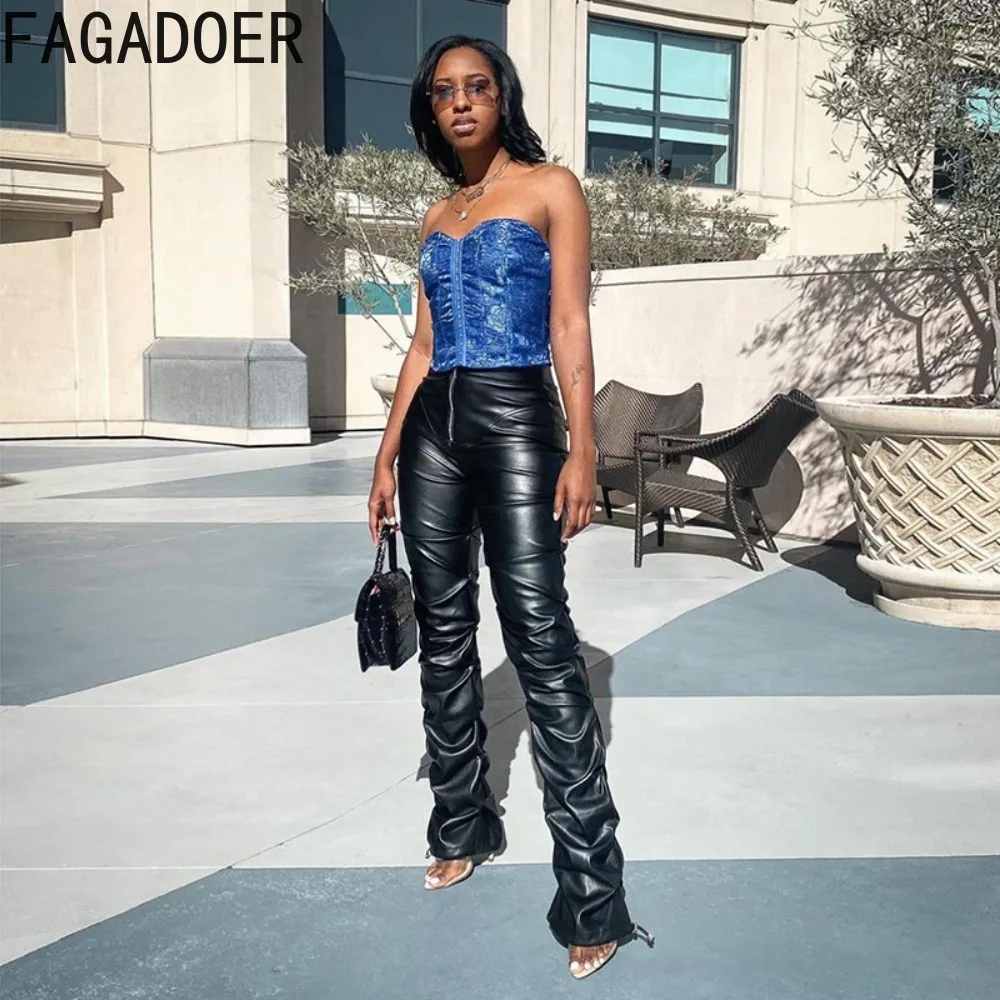 FAGADOER Black Pu Leather Pants Women Stacked Ruched Leggings Pants 2023 Fashion Skinny Zip High Waist Y2k Leather Trousers women s matching two piece dress club night out sexy halter tied open back cowl front hanky hem tank top and ruched micro mini skirt set l black