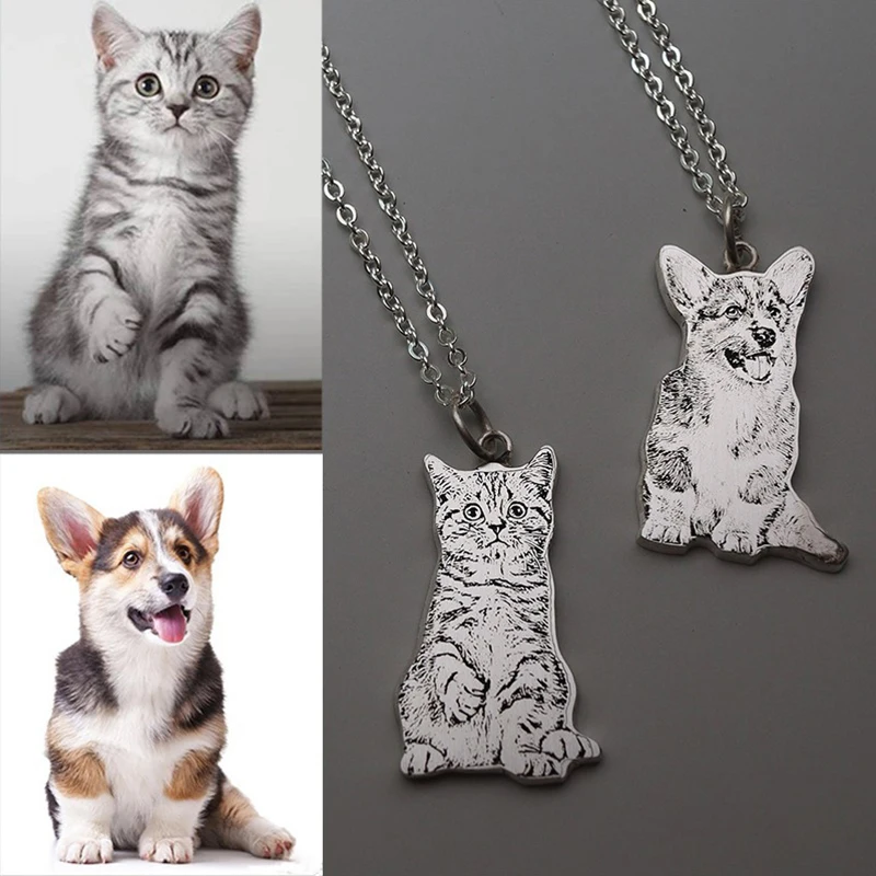 Custom Pet Picture Necklace Personalized Pet Cat Dog Portrait Necklace Photo Engraved Pendant Gift for Animal Lover Dog Mom Gift