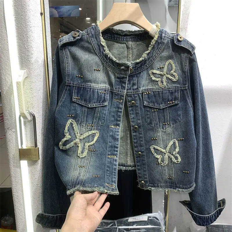 

New Autumn Women Denim Jacket Fashion Bow Rivet Tassels Jeans Coat