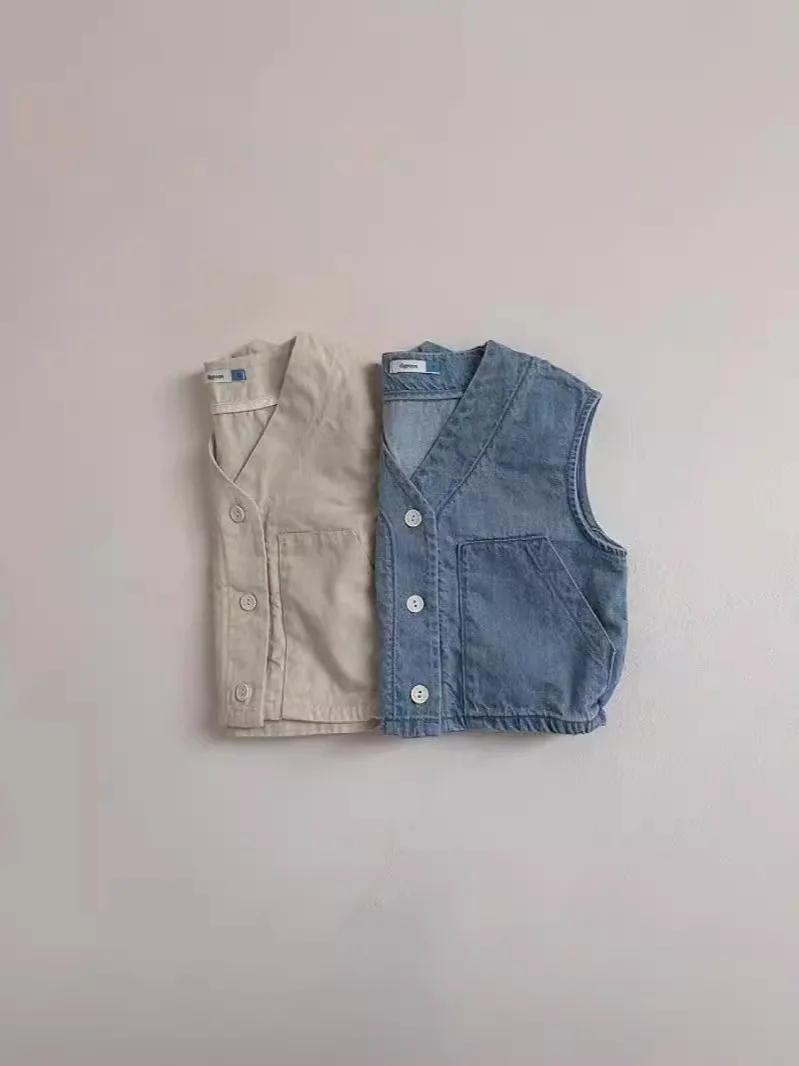 Spring New Baby Sleeveless Denim Vest Jacket Solid Infant Girl Cotton V-neck Vest Toddler Boy Fashion Casual Cardigan Coat