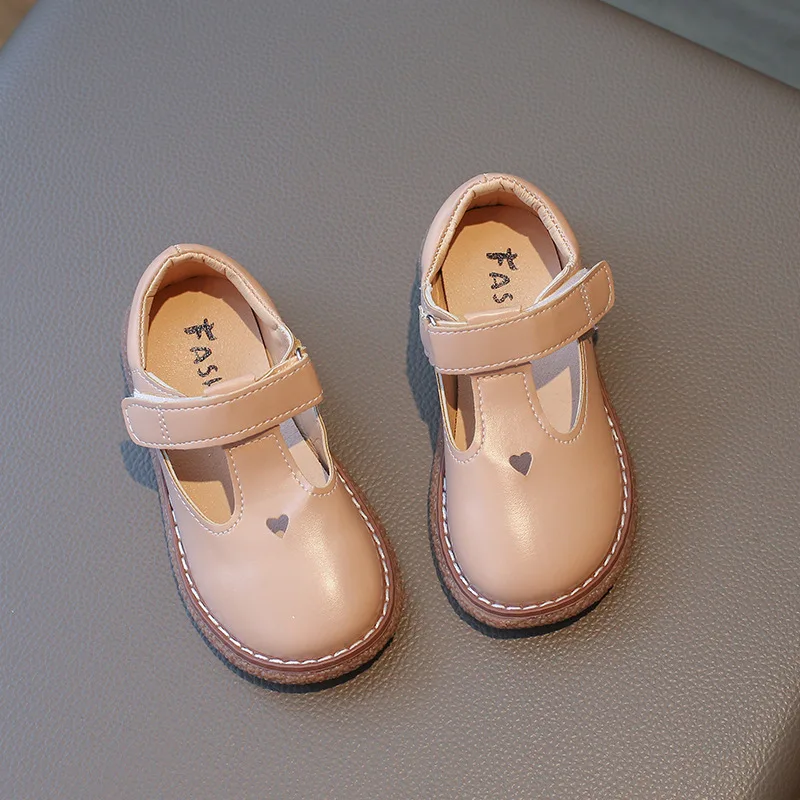 2024 Spring Children's Leather Shoes Single Shoes Girl Princess Shoes Brown Beige Fashion Love Cute Girls Casual Footwear H09232 3