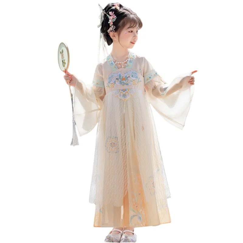 

Light Yellow Tang Dynasty Ru Skirt Ancient Improved Hanfu Chinese Traditional Clothing Gauze Design Dress for Girls in Spring