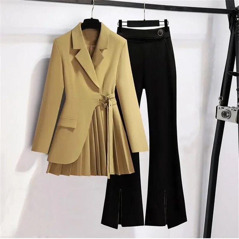 

Women Suits Office Sets New Spring Long Sleeve Fold Pocket Blazer Women Solid Color Bell Bottoms Fashion Elegance Office Lady