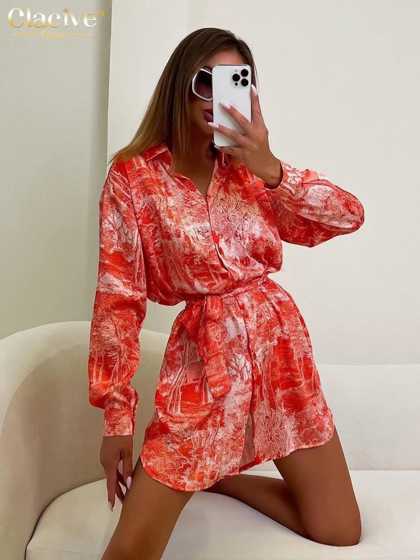 

Clacive Fashion Loose Print Women's Dress 2024 Vintage Lapel Long Sleeve Mini Dresses Elegant Classic Lace-Up Female Dress