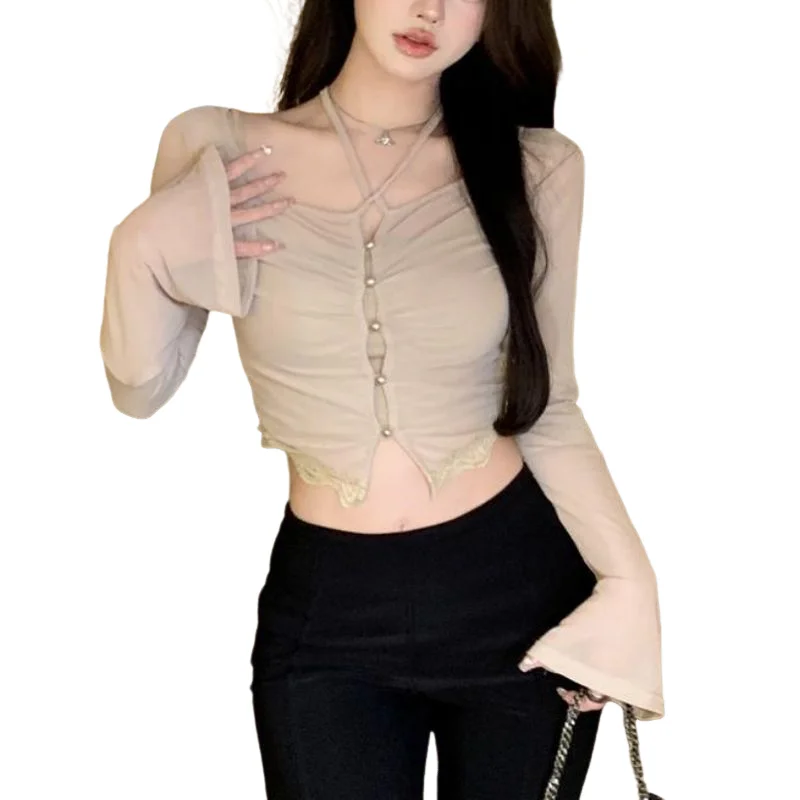 여성을위한 교수형 목 얇은 태양 보호 셔츠 섹시한 매운 소녀 짧은 카디건 탑 솔리드 컬러 슬림 긴팔 셔츠