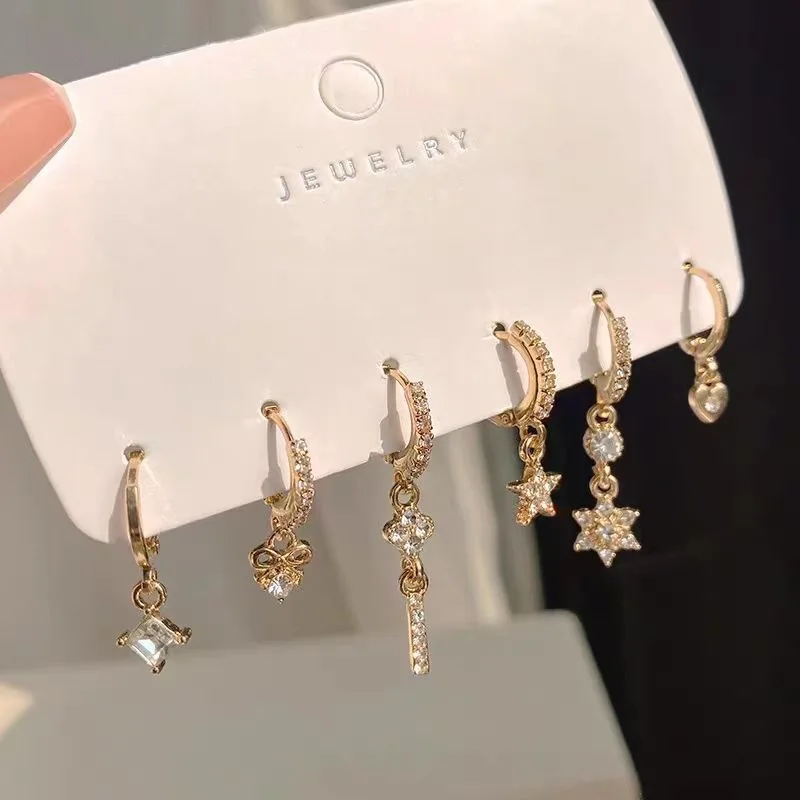 Gold Color Geometric Pendant Hoop Drop Crystal Earrings for Women 6Pcs/Set