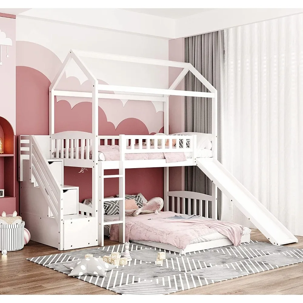 Description Picture 2 of itemTwin Over Twin Toddler House Bunk Bed with Slide and Ladder, Wooden House Bunk Bed Frame with Stairs Drawers for Girls Boys