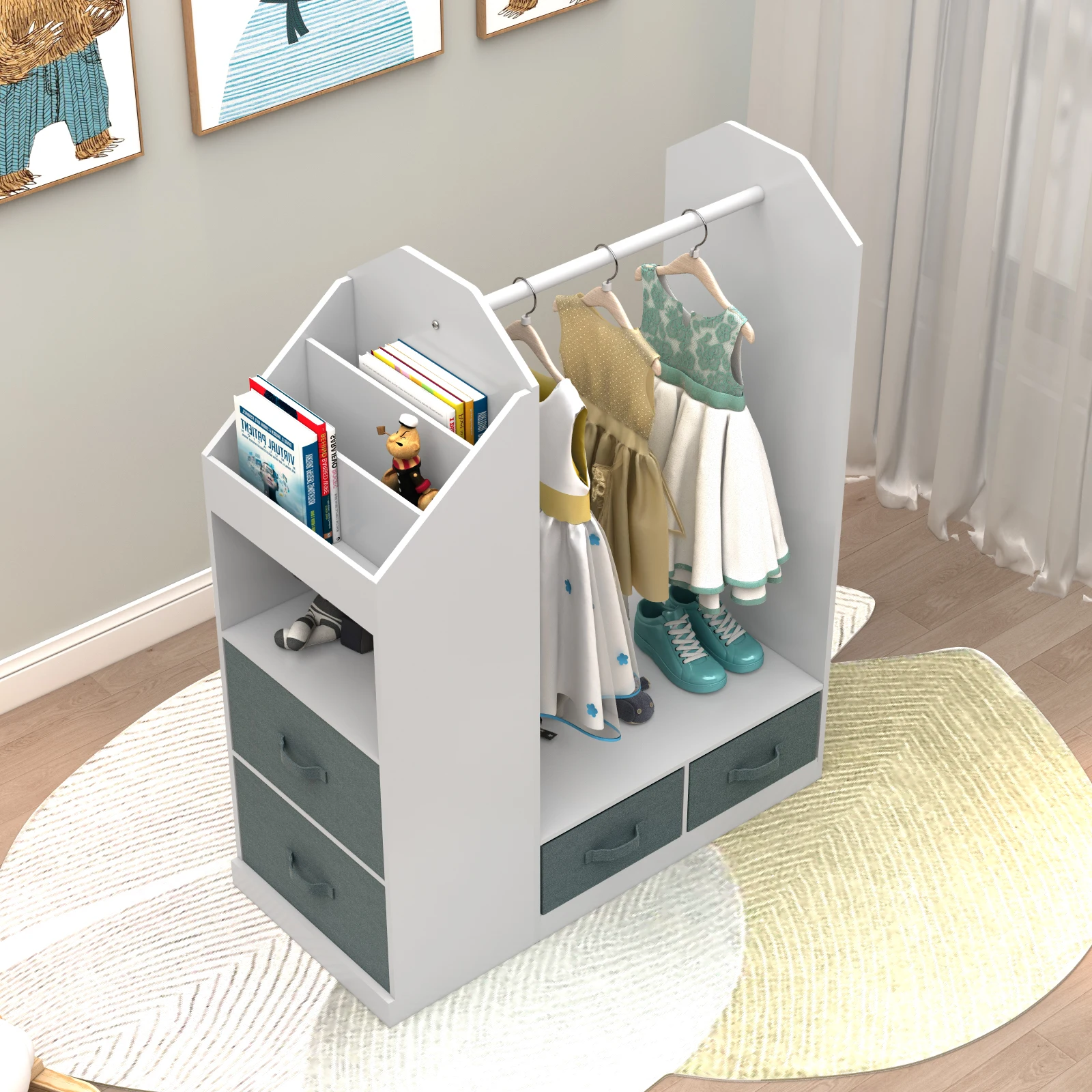 Kids Costume Organizer、 Costume Rack、Kids Armoire、Open Hanging Armoire Closet with Mirror-WHITE 6