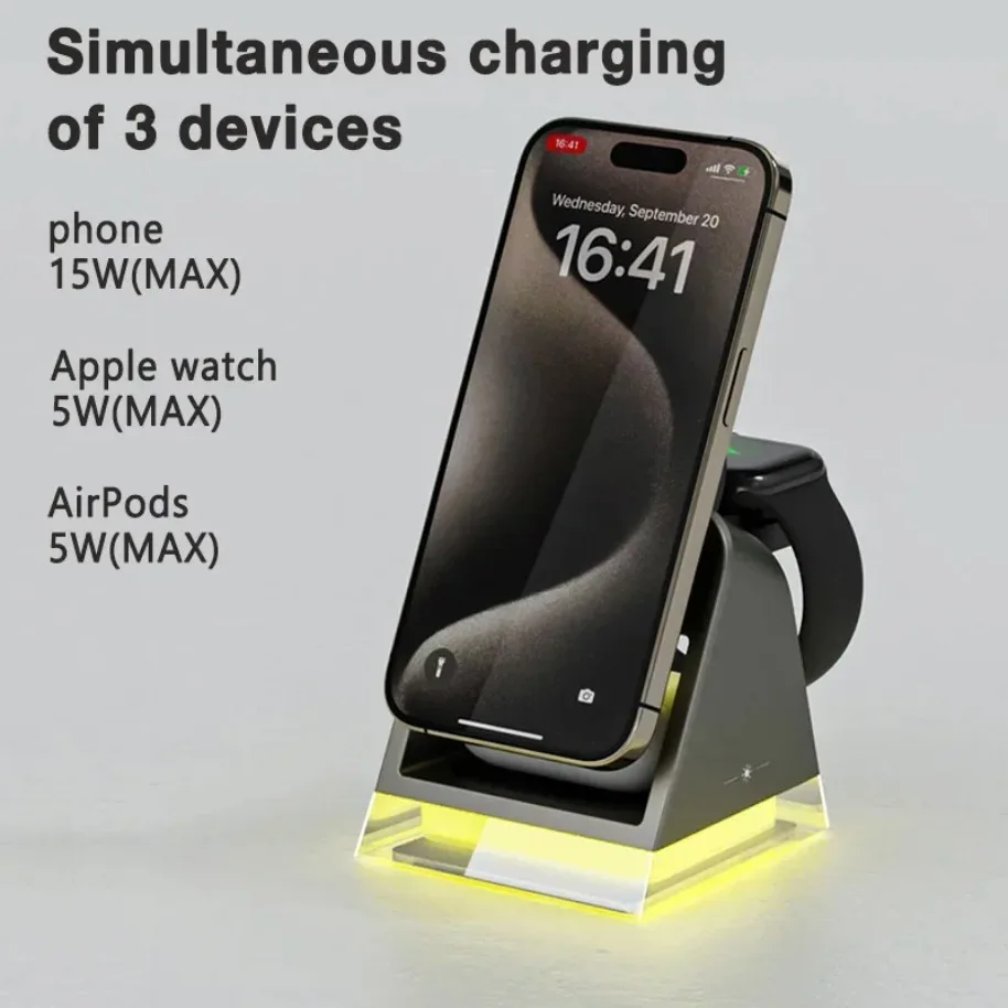 3 in 1 LED Light Magnetic Wireless Charger for iPhone 17 16 15 14 13 12 Pro Max Apple Watch 8 Airprods Pro Fast Charging Station