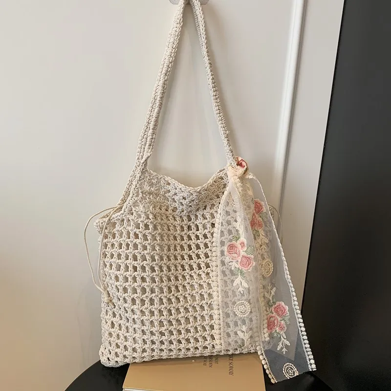 Latest Summer Beach Woven Lace Bow Tote Bag For Women 2-IN-1 Hollow-out Lightweight Large Capacity Shopper Shoulder Bag Female