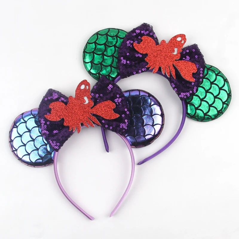 

Little Mermaid Mouse Ears Headband Ariel Hair Accessories Sequined Bow Girls Party Hairband Glitter Crab Princess Cosplay New