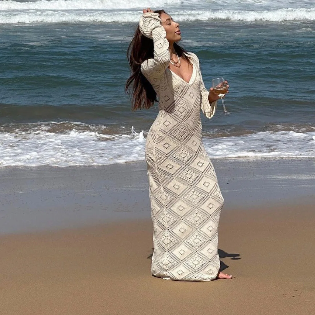 See-Through Loose Dress Flared Sleeve For Women Backless Hollow Out Holiday Beach Outfits V-Neck Pullover Maxi Dress 2025 10 See-Through Loose Dress Flared Sleeve For Women Backless Hollow Out Holiday Beach Outfits V-Neck Pullover Maxi Dress 2025