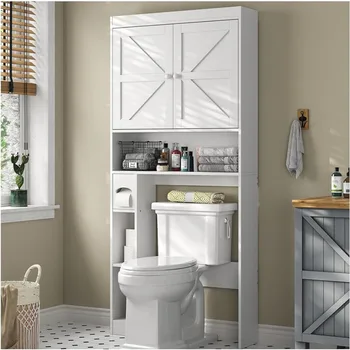 32.3" W Free Standing Toilet Shelf Space Saver With Anti-Tip Design and Adjustable Bottom Bar Bathroom Furniture White Crystal 1