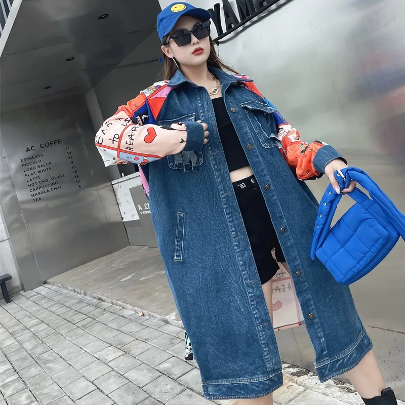Loose Personality Stitching Printing Mid-Length Coat Women's Western Style Ripped Anti-Aging Top