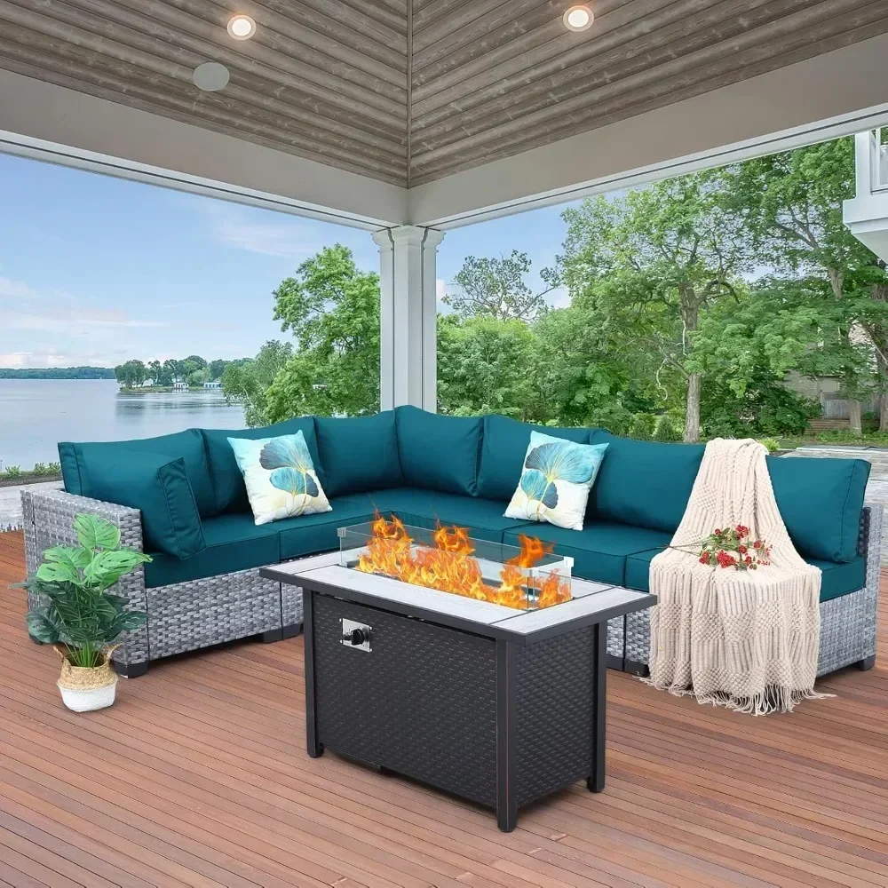 7-piece Set of Willow Terrace Furniture, PE Rattan Outdoor Segmented Sofa, Table with Fire Pit, Anti Slip Mat, and Furniture Set 2