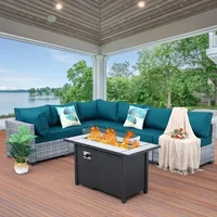 7-piece Set of Willow Terrace Furniture, PE Rattan Outdoor Segmented Sofa, Table with Fire Pit, Anti Slip Mat, and Furniture Set 2