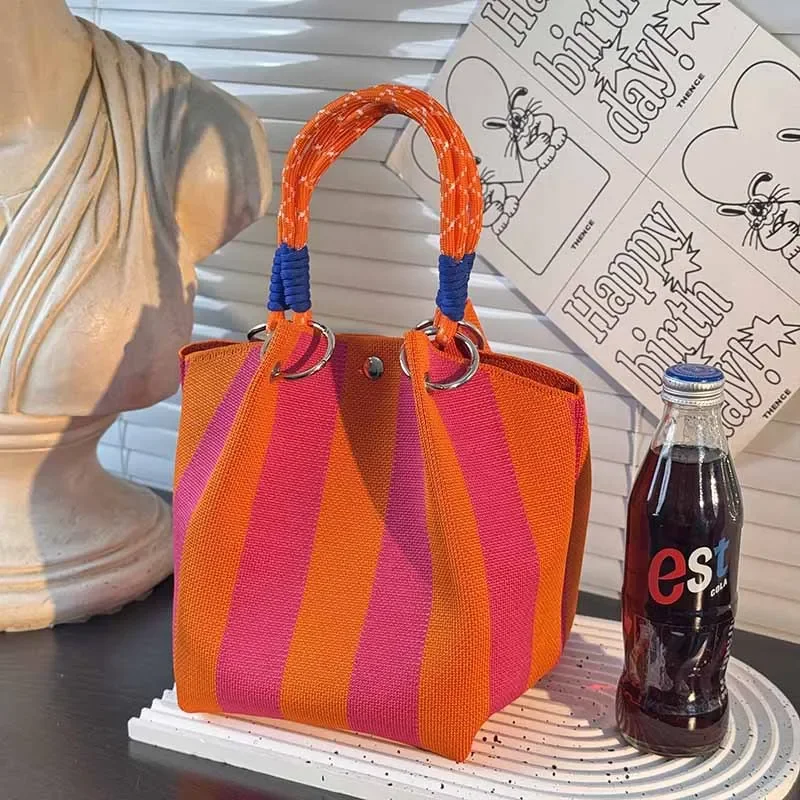 Colorful Stripe Handbag Large Capacity Bucket Rope Knot Spring Autumn Travel Versatile Soft Polyester Lining Mobile Phone Bag