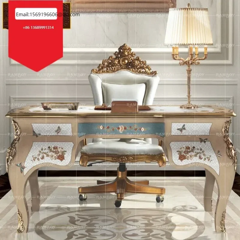

European style study set combination household solid wood shell mosaic computer table bookcase book chair luxury boss table