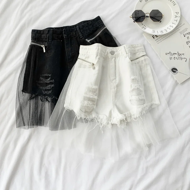 Women Patchwork High Waist Slim Denim Shorts Summer Sexy Hole Solid Jeans Shorts Ladies All-Match Bottom with Mesh Feminino Chic