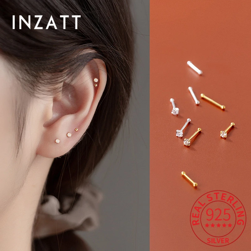 

INZATT 5Pairs/Lot Real 925 Sterling Silver Single Zircon Ear Hole Bead Stud Earrings For Women Classic Minimalist Fine Jewelry
