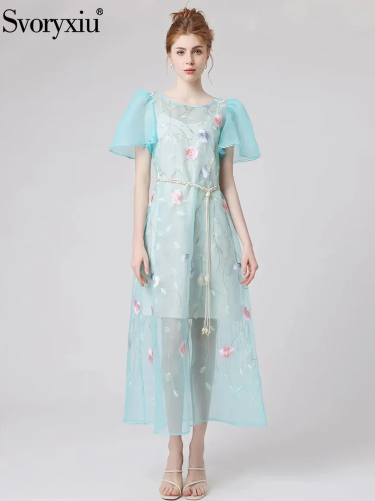 

Svoryxiu Runway Fashion Summer Beach Style Elegant Long Dress Women's O-Neck Net Yarn Floral Embroidery High Waist A-Line Dress