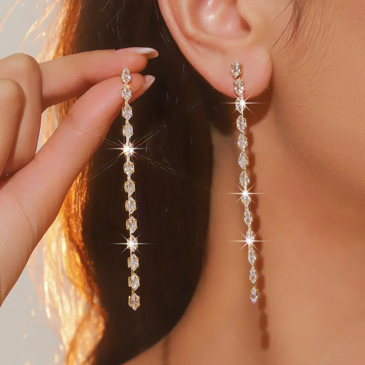 Simple Geometric Zircon Crystal Long Tassel Dangle Earrings for Women