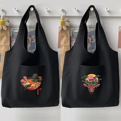 Student Casual Cartoon Black Woman Shoulder Bag Handbag Japanese Pattern Printing Series Tote Bag Soft Canvas Bag Commuter Bag