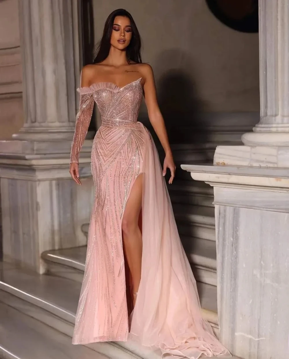 

Pink Evening Dresses One Long Sleeve Beaded Appliques Lace Sparkly Sequins Floor Length Celebrity Side Slit Formal Prom Dresses