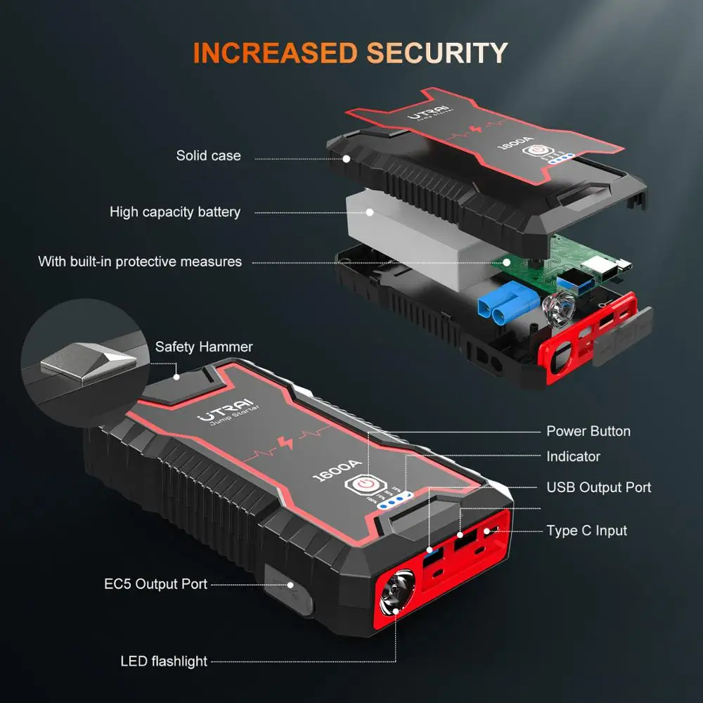 Utrai 1600A Jump Starter 16000Mah Power Bank Batteria Car Starter Dispositivo Di Avviamento Automatico Caricabatterie Batteria Di Emergenza Car Booste