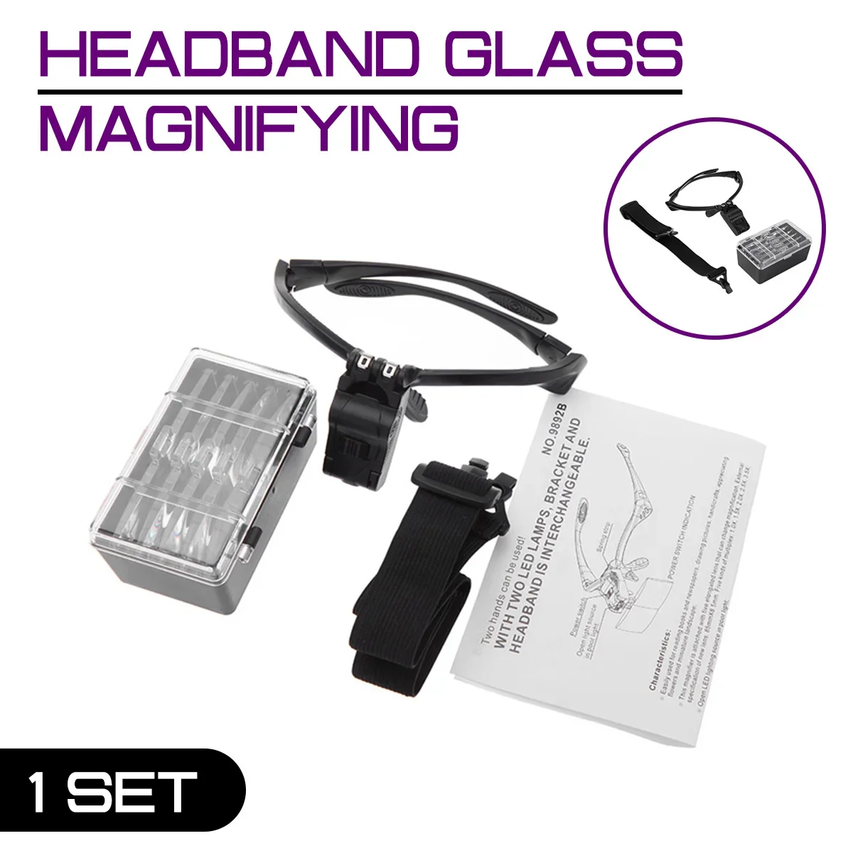 

Magnifier 1.0X 1.5X 2.0X 2.5X 3.5X 5PC Glasses Loupe Optical Lens Headband Magnifying Glass Eye Repair 9892B 2 LED Light