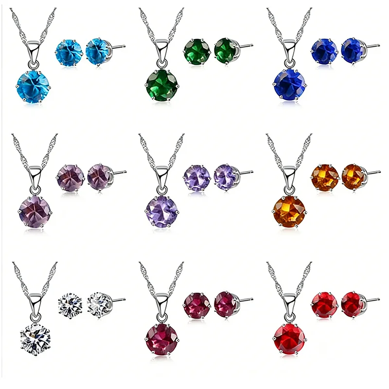 14 Colors 925 Sterling Silver Bridal Wedding Jewelry Sets For Women Engagement Crystal Pendant Necklace Stud Earrings Set 1