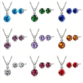14 Colors 925 Sterling Silver Bridal Wedding Jewelry Sets For Women Engagement Crystal Pendant Necklace Stud Earrings Set 1