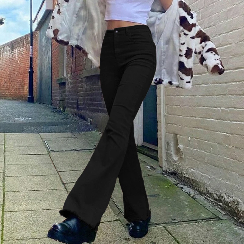 Casual Women Pants Clothes Vintage British Brown Jeans Women Fashion Classic Flared Trousers High Waist Stretch Korean Pocket