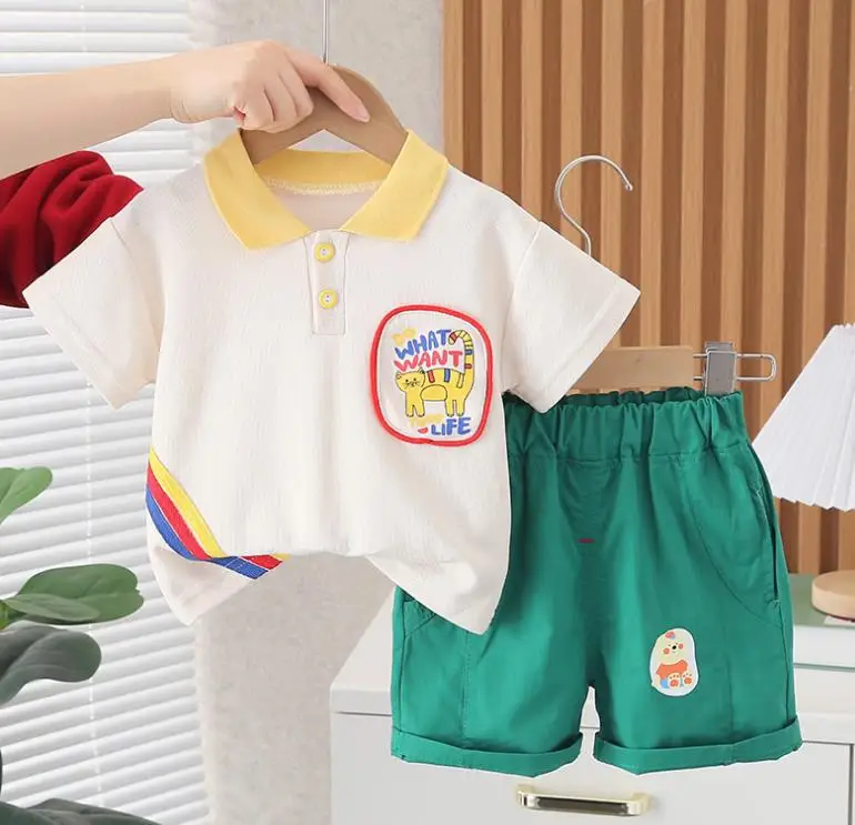 

Toddler Childrens Summer Sport Suits Korean Style boys cartoon Turn-down Collar Short Sleeve T-shirts and Shorts Kids clothes