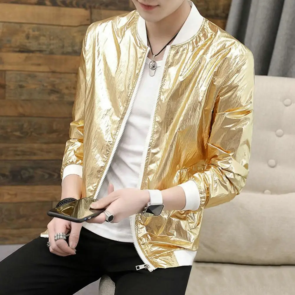 

Men Urban Dancewear Stylish Men's Glossy Solid Color Cardigan Jacket for Hip Hop Street Dance Nightclub Stage Performance Male