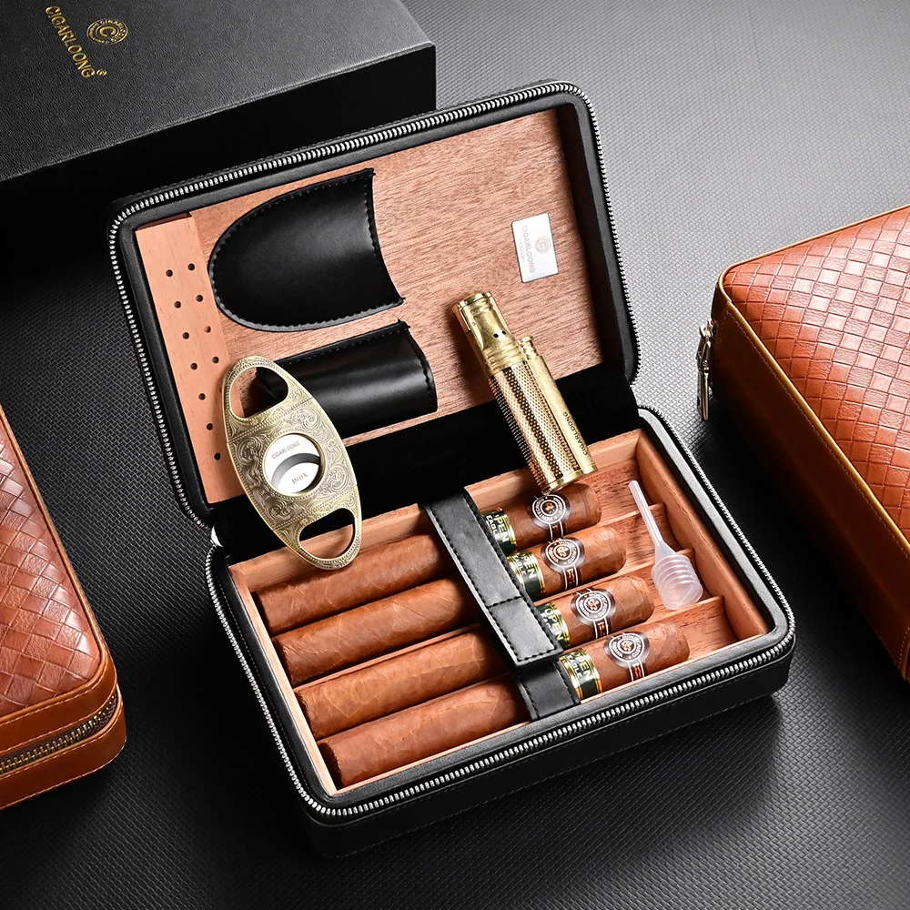 GALINER Portable Leather Travel Cigar Case Cedar Wood Linied Humidor With  Torch Jet Flame Cigar Lighters Cutter Humidifier Set