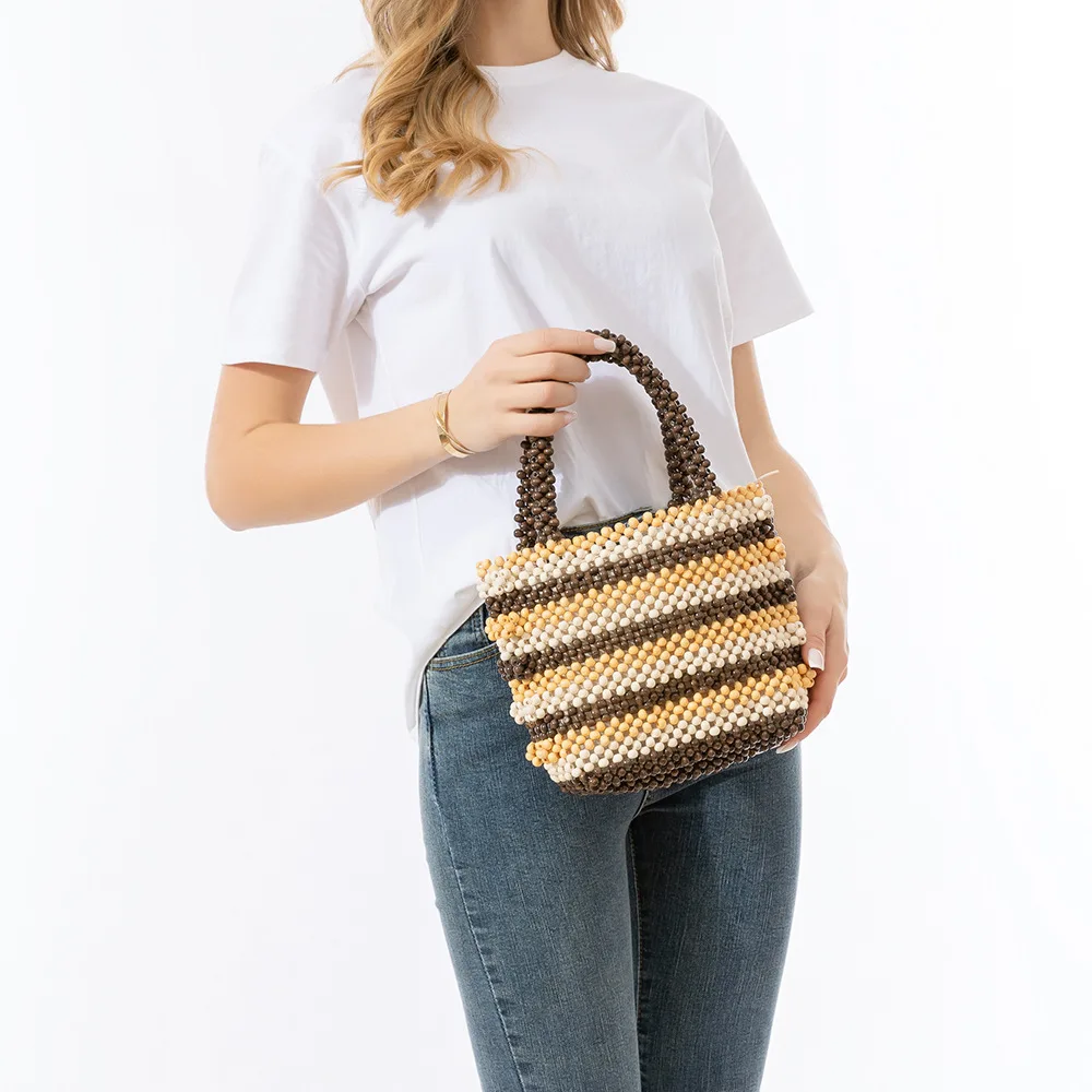 NEW wood bead hand-woven totes bag summer women's bamboo hollowed out clutch female Reticulate netted canvas beach handbag