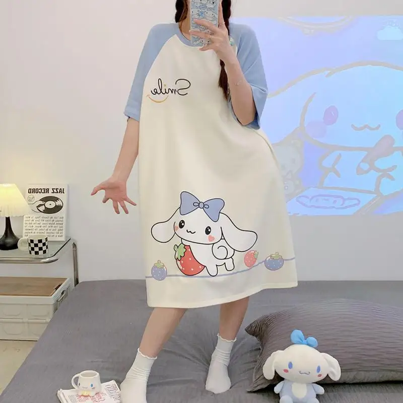 

Kawaii Sanrio Cartoon Short-Sleeved Nightdress Cinnamonroll Mymelody Kuromi New Thin Nightdress Girls Summer Loungewear Purin