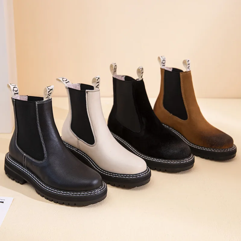 Women's Chelsea Boots Genuine Leather Autumn Winter Trend Thick-soled Ankle Boots All-match Marton Ladies winter boots ankle boots
