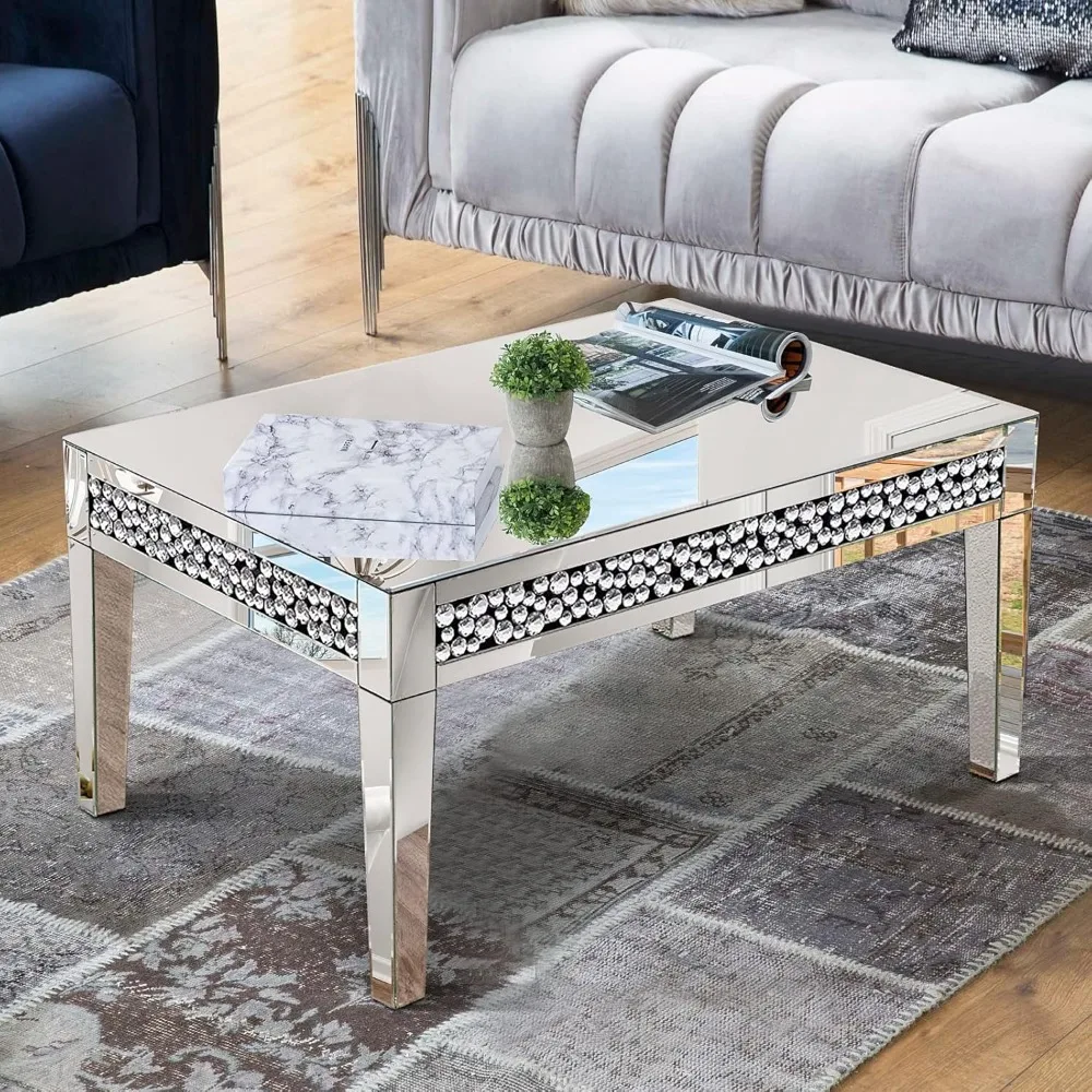 Rectangle Mirrored Coffee Table, Silver Living Room Table with Cryatal Diamond Inlay